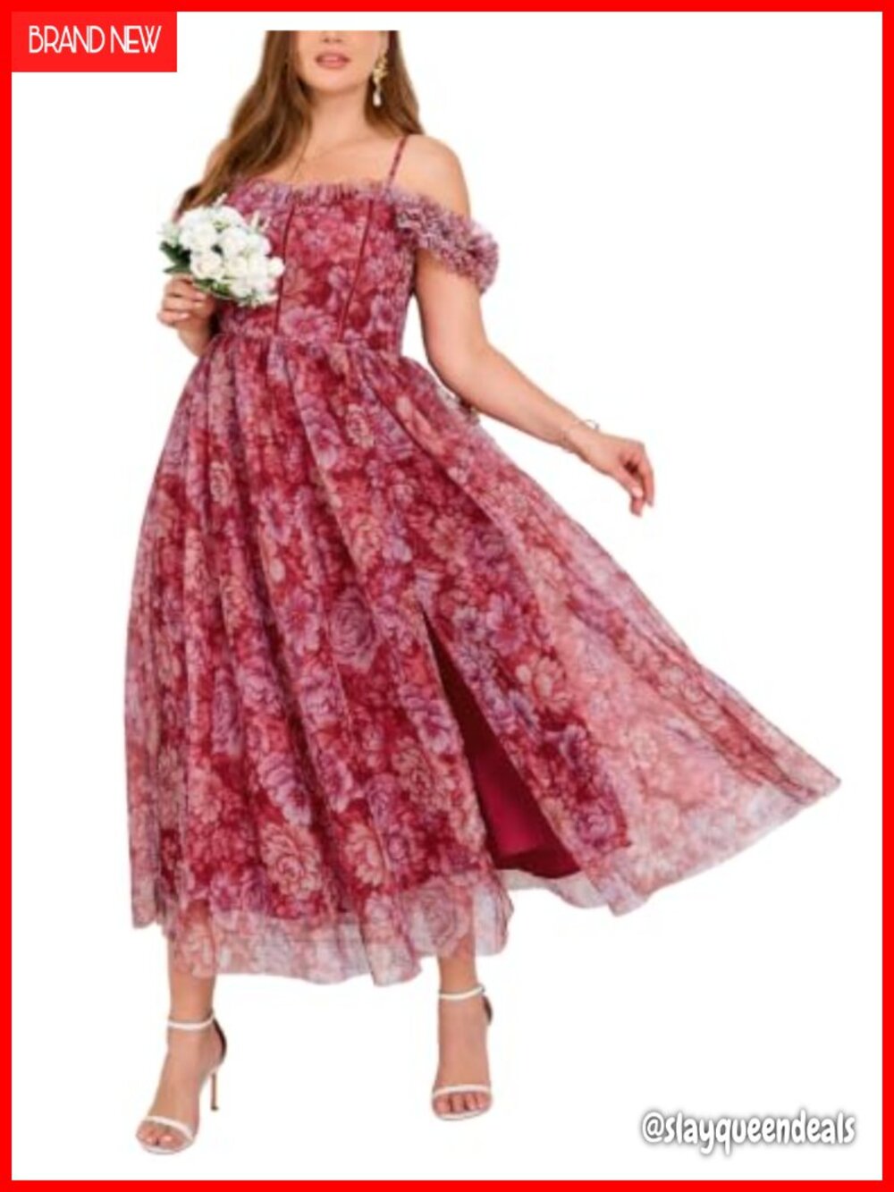 Plus Size Formal Floral Tulle Midi Dress Sweetheart Slit Wedding Guest